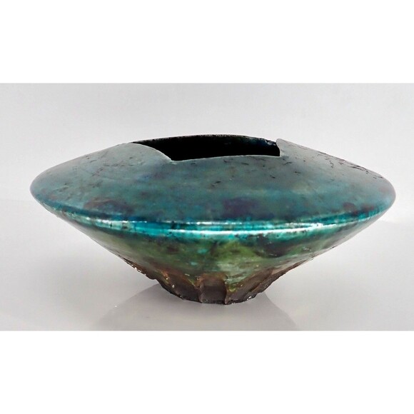 Turquoise Blue Signed Raku Sculpture Pottery Vase Bowl Iridescent Drip Glaze 8" - Picture 1 of 16